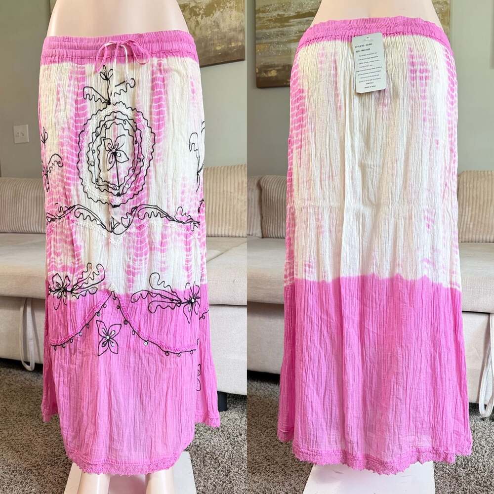 Vintage Pink and White Tie-Dye Embroidered Maxi Skirt